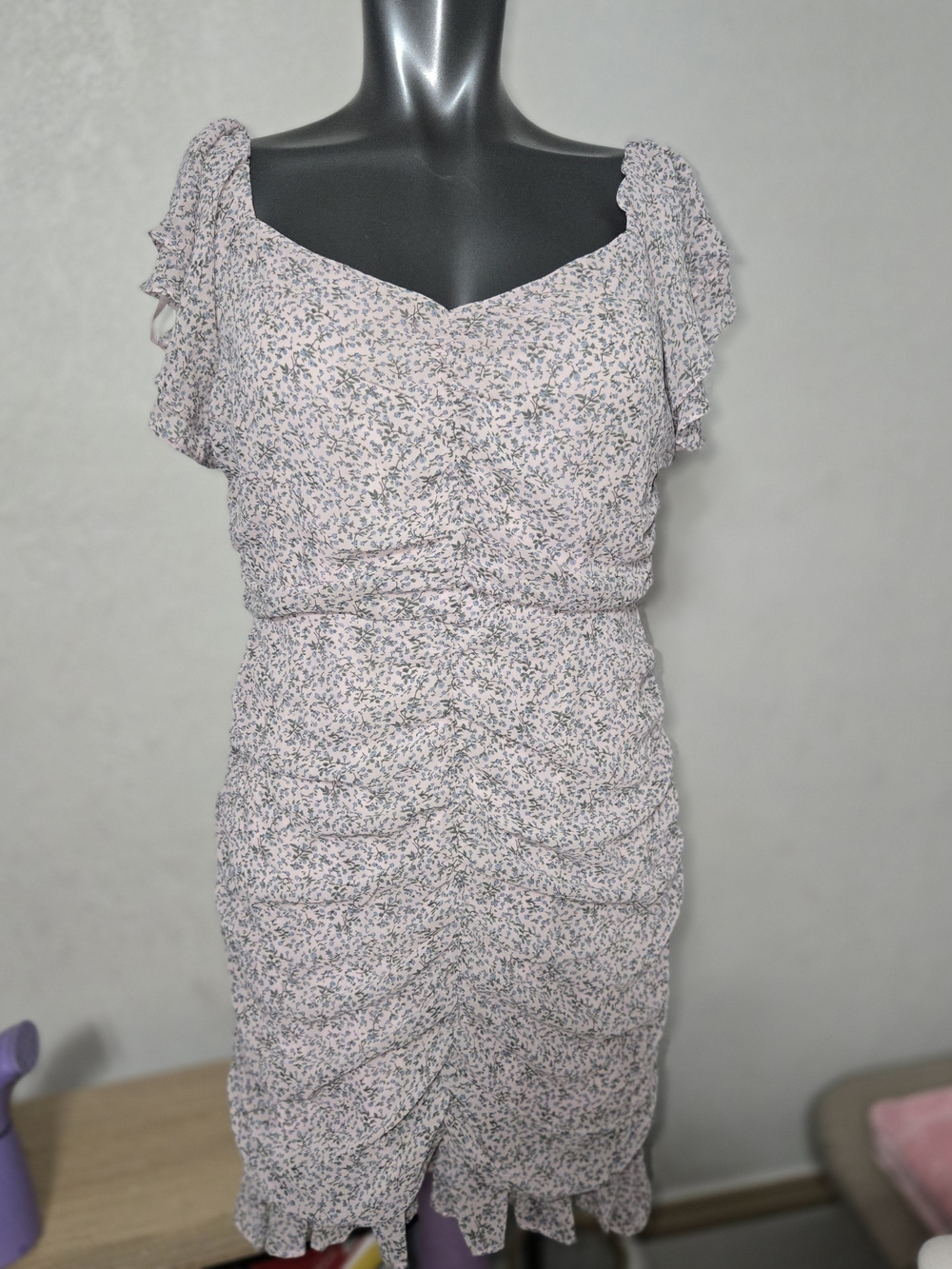 She + Sky Pink Floral Ruched Mini Dress